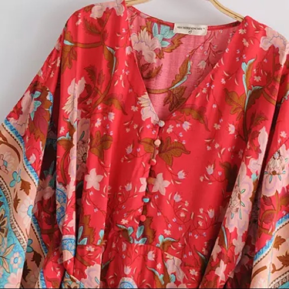 SOLD OUT Red Floral Gypsy Kimono Long Button Up Maxi Dress - Picture 10 of 16